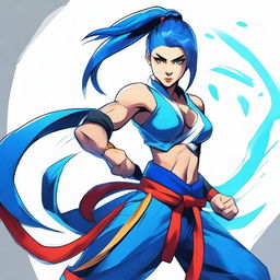 A fierce warrior woman in martial arts attire, high ponytail, and intense black eyes, with striking blue hair