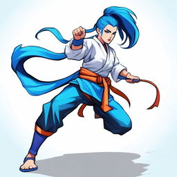 A fierce warrior woman in martial arts attire, high ponytail, and intense black eyes, with striking blue hair