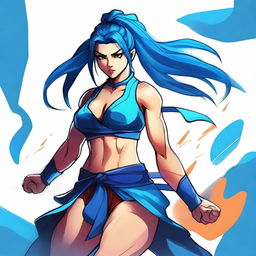 A fierce warrior woman in martial arts attire, high ponytail, and intense black eyes, with striking blue hair