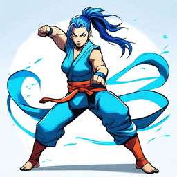 A fierce warrior woman in martial arts attire, high ponytail, and intense black eyes, with striking blue hair