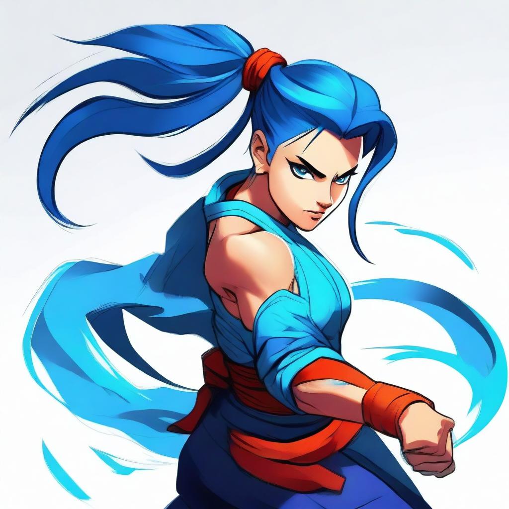 A fierce warrior woman in martial arts attire, high ponytail, and intense black eyes, with striking blue hair