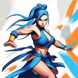 A fierce warrior woman in martial arts attire, high ponytail, and intense black eyes, with striking blue hair