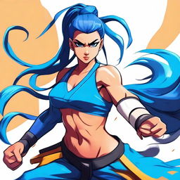 A fierce warrior woman in martial arts attire, high ponytail, and intense black eyes, with striking blue hair