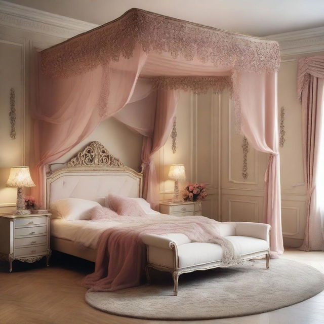 Create an image of Amy Jackson wearing a tiara in a beautifully decorated bedroom