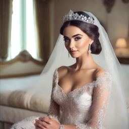 Create an image of Amy Jackson wearing a tiara in a beautifully decorated bedroom