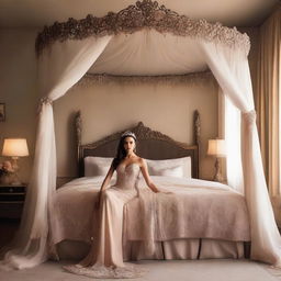 Create an image of Amy Jackson wearing a tiara in a beautifully decorated bedroom