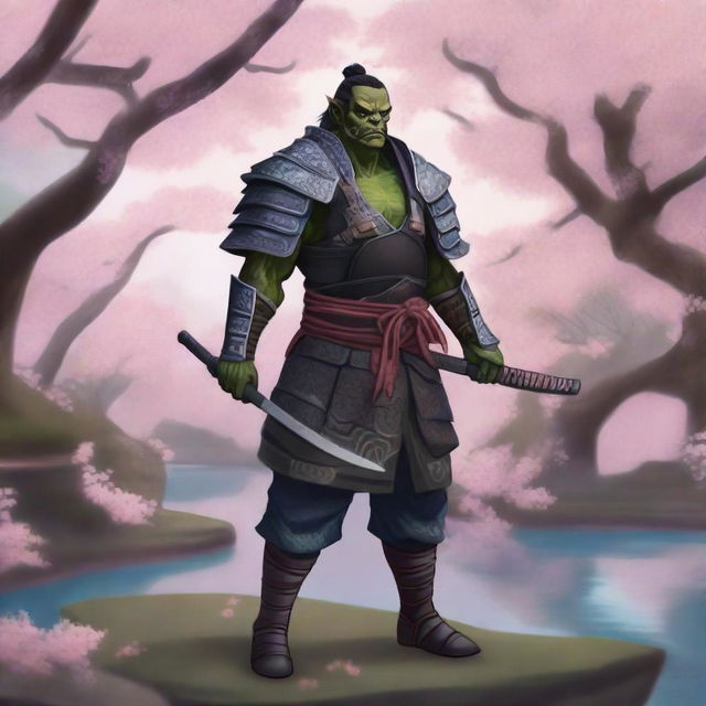 A fantastical and highly detailed illustration of a half orc samurai warrior standing in an enchanted Japanese garden