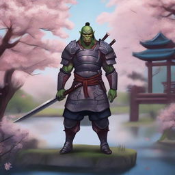 A fantastical and highly detailed illustration of a half orc samurai warrior standing in an enchanted Japanese garden