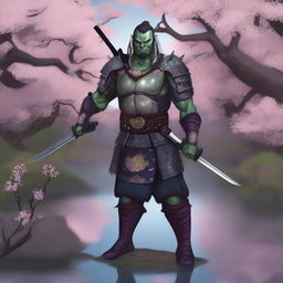 A fantastical and highly detailed illustration of a half orc samurai warrior standing in an enchanted Japanese garden