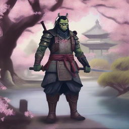 A fantastical and highly detailed illustration of a half orc samurai warrior standing in an enchanted Japanese garden