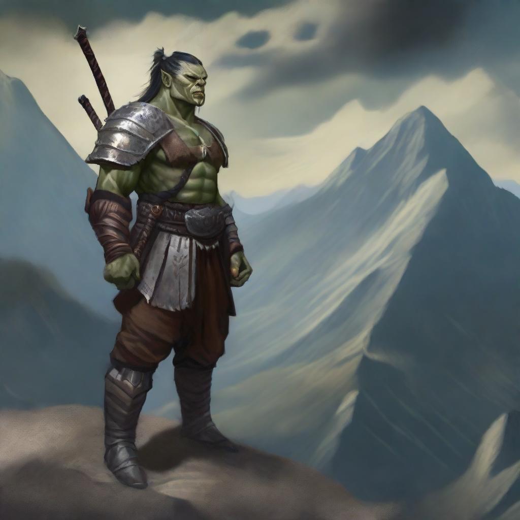 A realistic illustration of a half orc samurai warrior standing on a rugged mountain peak