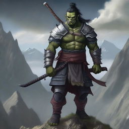 A realistic illustration of a half orc samurai warrior standing on a rugged mountain peak