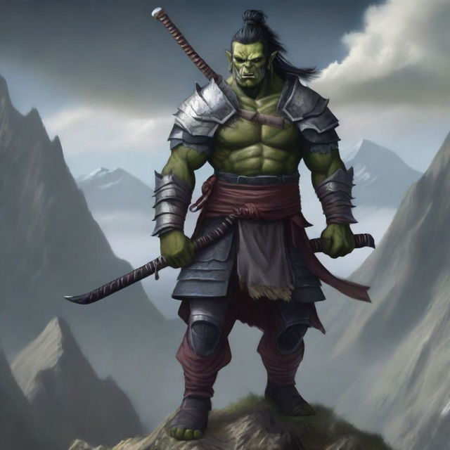 A realistic illustration of a half orc samurai warrior standing on a rugged mountain peak