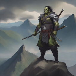 A realistic illustration of a half orc samurai warrior standing on a rugged mountain peak