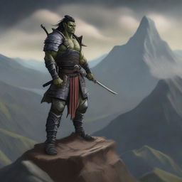 A realistic illustration of a half orc samurai warrior standing on a rugged mountain peak