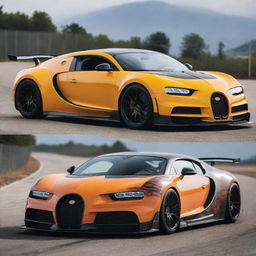 Bugatti cars transformed into high-performance drift cars, complete with aerodynamic additions, custom vibrant paint jobs, and modifications for thrilling drift racing.