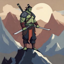 A whimsical and animated illustration of a half orc samurai warrior standing on a rugged mountain peak