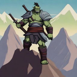 A whimsical and animated illustration of a half orc samurai warrior standing on a rugged mountain peak