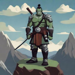 A whimsical and animated illustration of a half orc samurai warrior standing on a rugged mountain peak