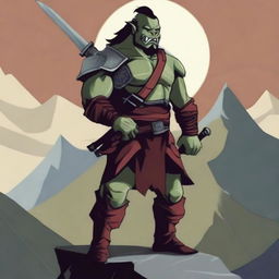 A whimsical and animated illustration of a half orc samurai warrior standing on a rugged mountain peak