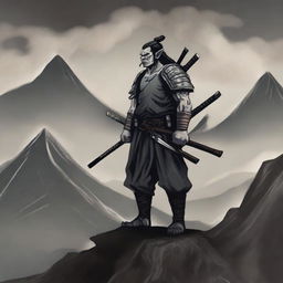 A detailed and intricate illustration of a half orc samurai warrior standing on a rugged mountain peak in the style of traditional Japanese ink painting