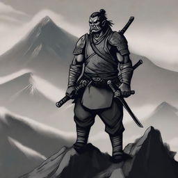 A detailed and intricate illustration of a half orc samurai warrior standing on a rugged mountain peak in the style of traditional Japanese ink painting