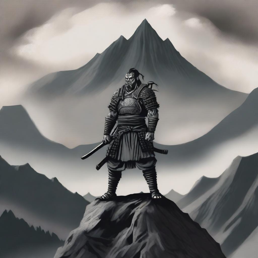 A detailed and intricate illustration of a half orc samurai warrior standing on a rugged mountain peak in the style of traditional Japanese ink painting