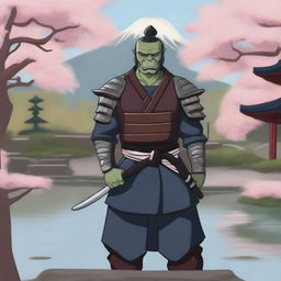 A detailed illustration of a half orc samurai warrior standing in a traditional Japanese garden