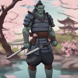 A detailed illustration of a half orc samurai warrior standing in a traditional Japanese garden