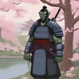 A detailed illustration of a half orc samurai warrior standing in a traditional Japanese garden