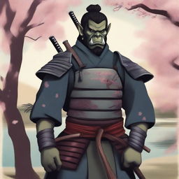 A detailed illustration of a half orc samurai warrior standing in a traditional Japanese garden