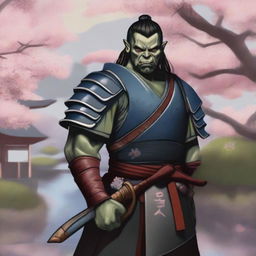 A detailed and realistic illustration of a half orc samurai warrior standing in a traditional Japanese garden