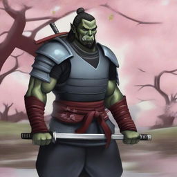 A detailed and realistic illustration of a half orc samurai warrior standing in a traditional Japanese garden