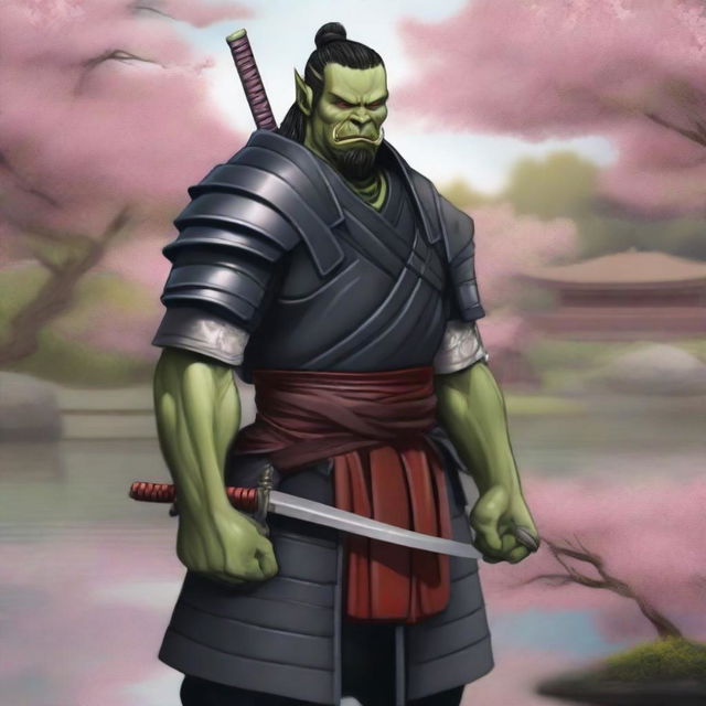 A detailed and realistic illustration of a half orc samurai warrior standing in a traditional Japanese garden