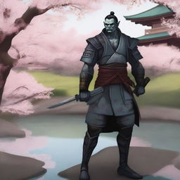 A detailed and realistic illustration of a half orc samurai warrior standing in a traditional Japanese garden