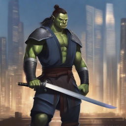 A realistic illustration of a half orc samurai warrior standing in a modern cityscape