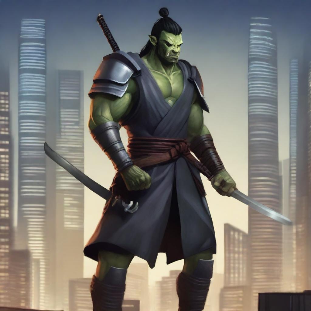 A realistic illustration of a half orc samurai warrior standing in a modern cityscape