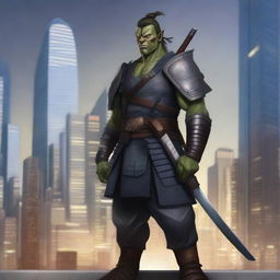 A realistic illustration of a half orc samurai warrior standing in a modern cityscape