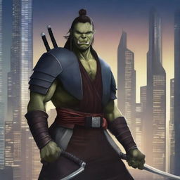 A realistic illustration of a half orc samurai warrior standing in a modern cityscape