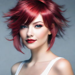 Create an image of a girl with red highlights in her wolfcut hairstyle