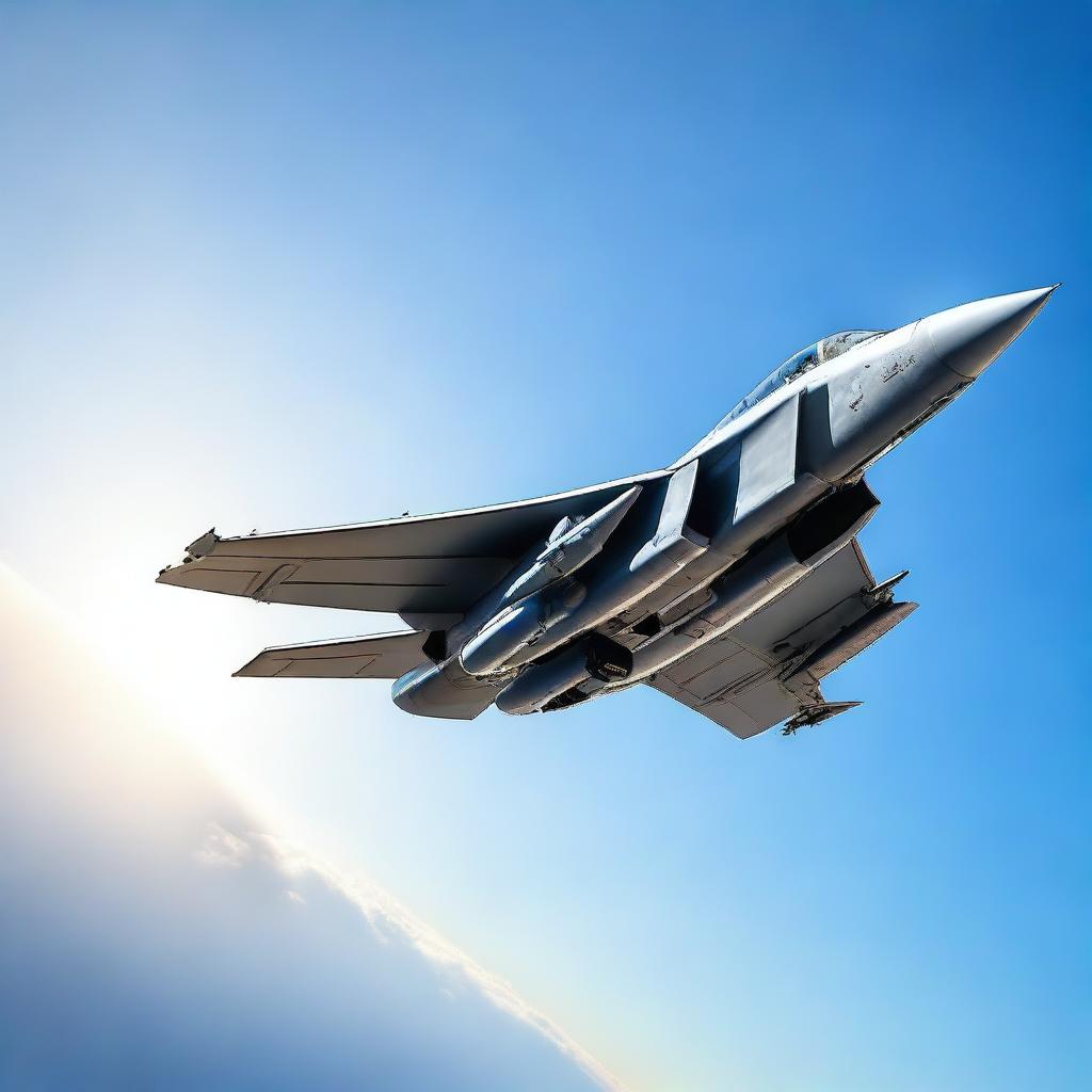 A highly detailed and realistic image of a fighter jet soaring through a clear blue sky, with the sun glinting off its sleek metal surface