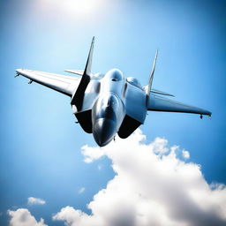 A highly detailed and realistic image of a fighter jet soaring through a clear blue sky, with the sun glinting off its sleek metal surface