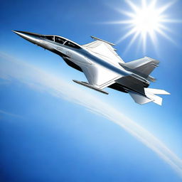 A highly detailed and realistic image of a fighter jet soaring through a clear blue sky, with the sun glinting off its sleek metal surface