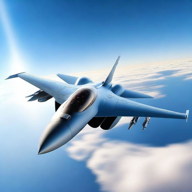 A highly detailed and realistic image of a fighter jet soaring through a clear blue sky, with the sun glinting off its sleek metal surface