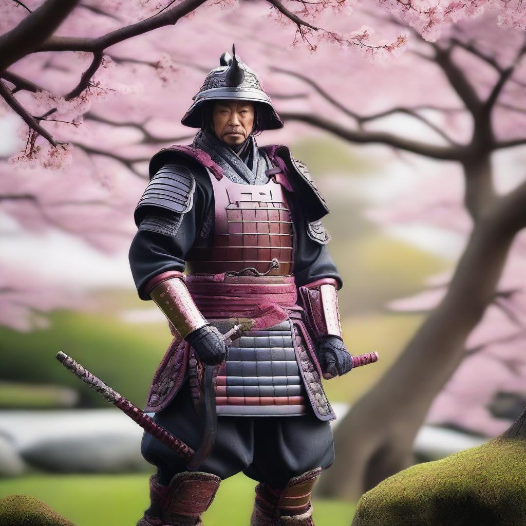 A highly detailed image of a traditional samurai warrior in full armor, standing in a serene Japanese garden with cherry blossoms in the background