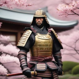 A highly detailed image of a traditional samurai warrior in full armor, standing in a serene Japanese garden with cherry blossoms in the background