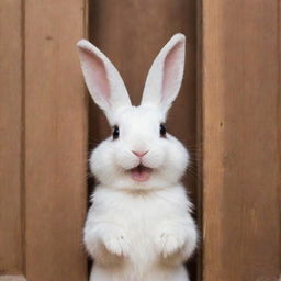 An adorable, humorous bunny knocking on a wooden door with a playful expression.