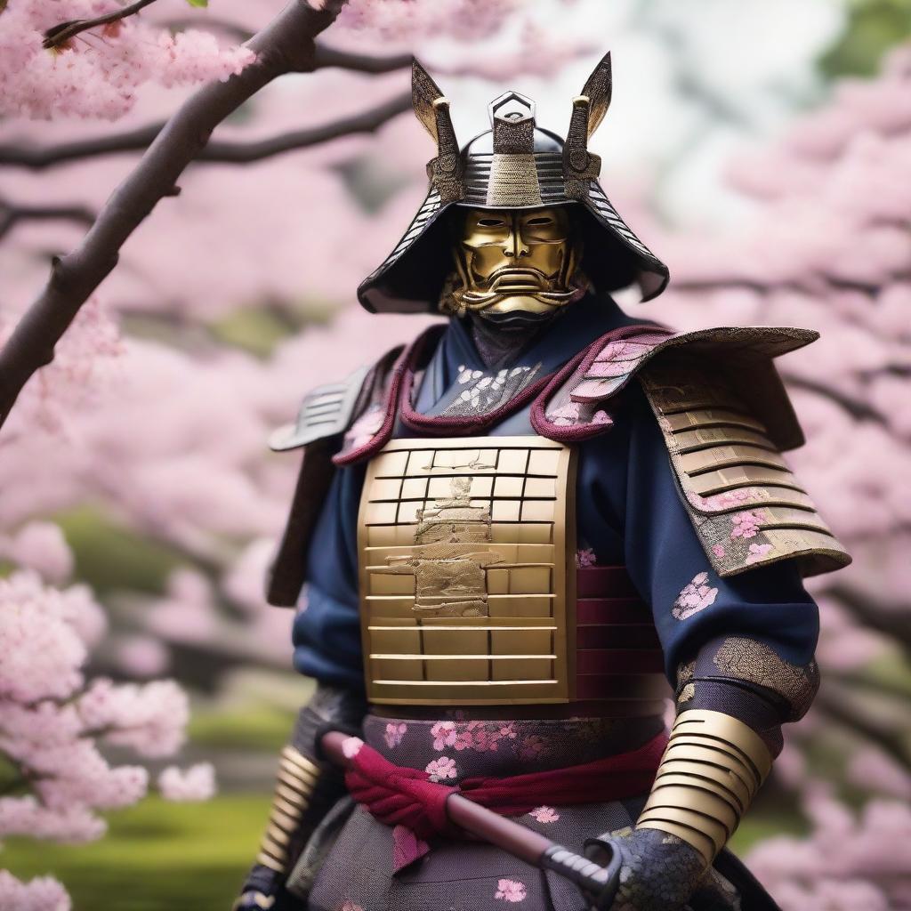 A highly detailed image of a traditional samurai warrior in full armor, standing in a serene Japanese garden with cherry blossoms in the background