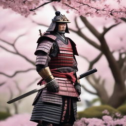 A highly detailed image of a traditional samurai warrior in full armor, standing in a serene Japanese garden with cherry blossoms in the background