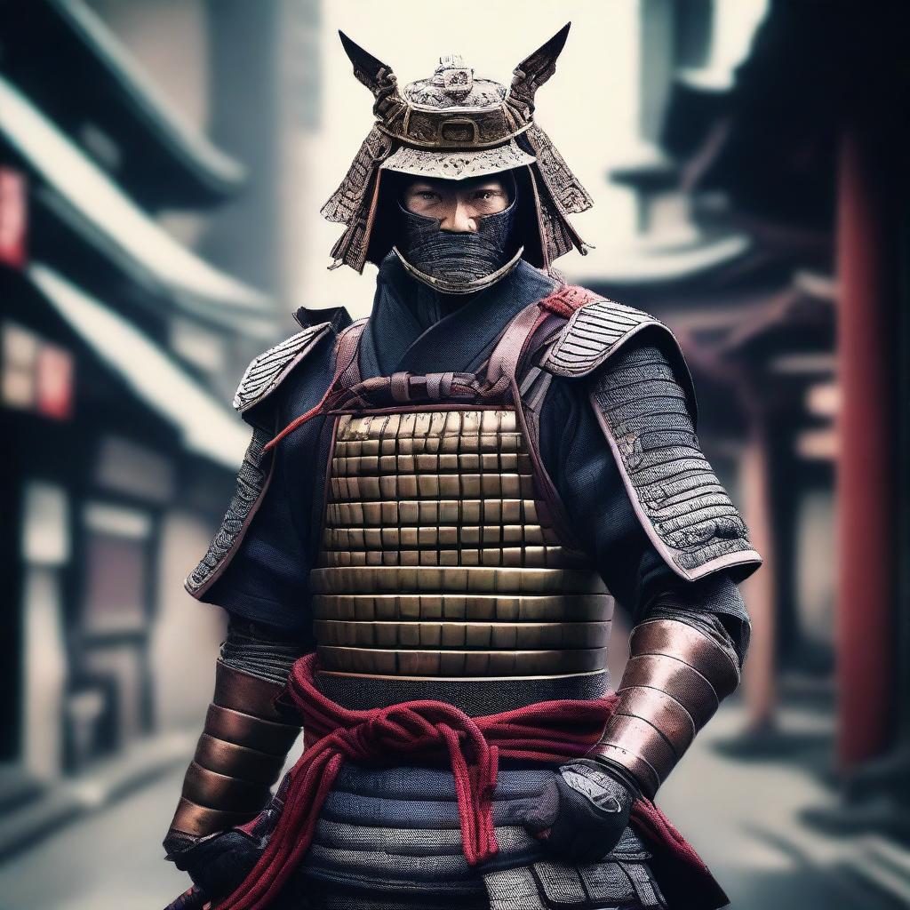 A highly detailed image of a traditional samurai warrior in full armor, standing in a bustling Japanese city with traditional and modern buildings